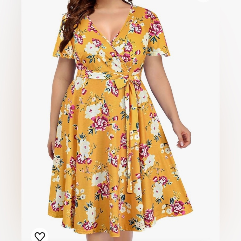 Plus Size Wrap V Neck Midi Casual Short Flutter Sleeve Dress Yellow Floral